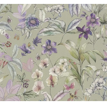 Vliesbehang met floraal patroon van diverse bloemen, bladeren en vlinders in illustratieve stijl.