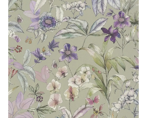 Vliesbehang met floraal patroon van diverse bloemen, bladeren en vlinders in illustratieve stijl.