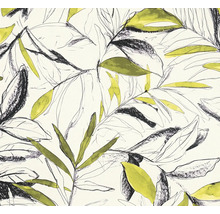 Vliesbehang met botanisch bladerpatroon in handgetekende stijl en aquarelaccenten.