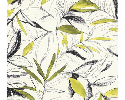 Vliesbehang met botanisch bladerpatroon in handgetekende stijl en aquarelaccenten.