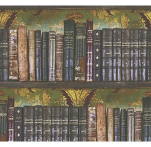 Behang met boekenkastmotief, oude leergebonden boeken voor een florale achtergrond.