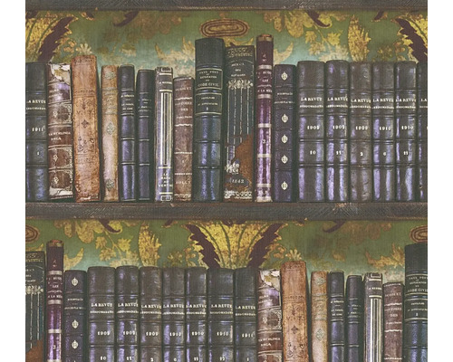 Behang met boekenkastmotief, oude leergebonden boeken voor een florale achtergrond.