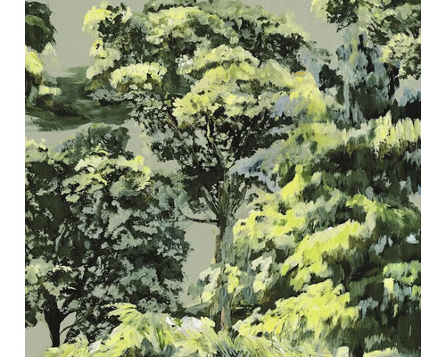 Vliesbehang met schilderachtig boompatroon in groen en geel.