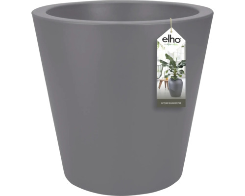 Grijze plantenpot met Elho logo en garantie-informatie