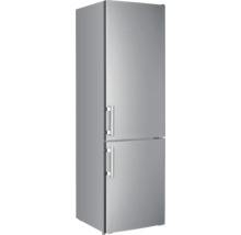 Zilverkleurige koel-vriescombinatie met twee deuren en handgrepen