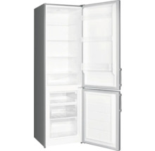 Geopende grijze koelkast met vriezer en transparante planken