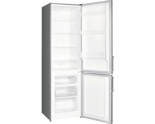 Geopende grijze koelkast met vriezer en transparante planken