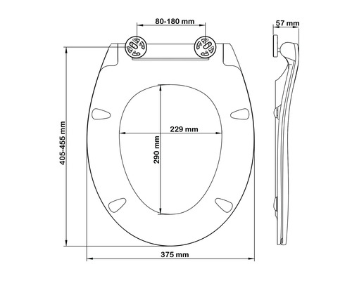 Technische tekening van een toiletbril met afmetingen