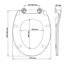 Technische tekening van een toiletbril met afmetingen