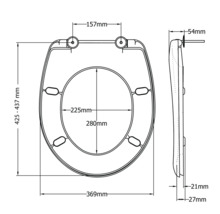 Technische tekening van een toiletdeksel met afmetingen