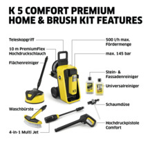 Kärcher K 5 Comfort Premium Home and Brush Kit met telescopische handgreep, hogedrukslang, oppervlaktereiniger, wasborstel, Multi Jet, maximaal 500 liter per uur capaciteit, maximaal 145 bar, steen- en gevelreiniger, allesreiniger, schuimsproeier...
