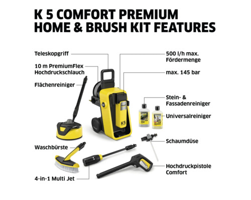 Kärcher K 5 Comfort Premium Home and Brush Kit met telescopische handgreep, hogedrukslang, oppervlaktereiniger, wasborstel, Multi Jet, maximaal 500 liter per uur capaciteit, maximaal 145 bar, steen- en gevelreiniger, allesreiniger, schuimsproeier...