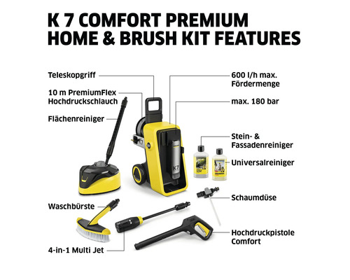 Kärcher K 7 Comfort Premium Home hogedrukreiniger met accessoires zoals telescopische handgreep, hogedrukslang, oppervlaktereiniger, wasborstel, multi-jet, steen- en gevelreiniger, universele reiniger, schuimsproeier en hogedrukpistool.