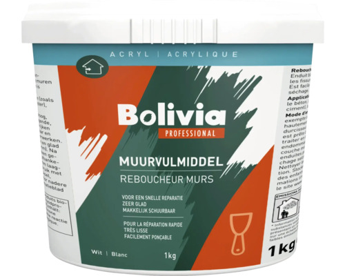 Witte muurvuller Bolivia Professional acryl, 1 kilogram, voor snelle reparatie, zeer glad en makkelijk schuurbaar.