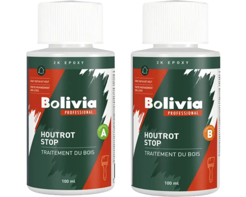 Bolivia Professional Houtrot Stop 2-componenten epoxy, component A en B, elk 100 milliliter.
