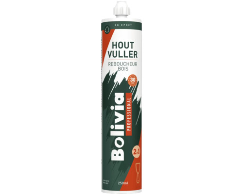 Bolivia Professional 2K epoxy houtvuller, 250 milliliter koker, lichtgrijs, voor binnen en buiten, circa 30 minuten droogtijd.