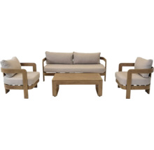 Tuinmeubelset met bank, twee fauteuils en een houten tafel