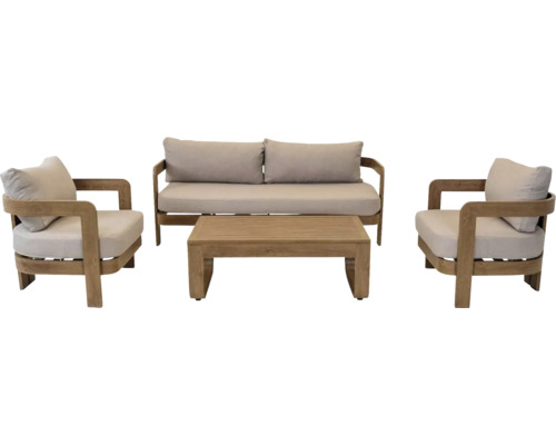 LESLI LIVING Loungeset Mylo 4-delig incl. zitkussens beige Tuinmeubelset met bank, twee fauteuils en een houten tafel