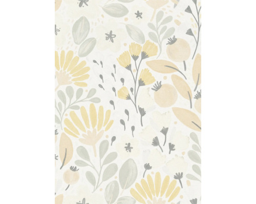 Behang met geel en grijs bloemmotief