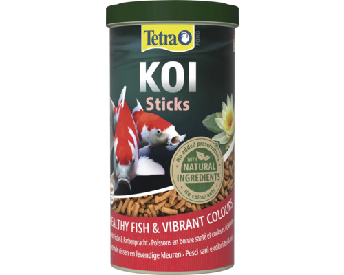 Tetra Pond Koi Sticks visvoer in een blik met Tetra Logo, natuurlijke ingrediënten, zonder conserveermiddelen en kleurstoffen.