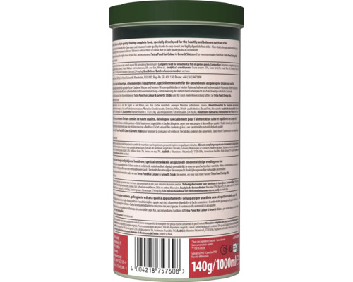 Achterkant van de Tetra Pond Koi Sticks verpakking met ingrediënten, voedingsinstructies, barcode, recyclingsymbool en Tetra Logo.