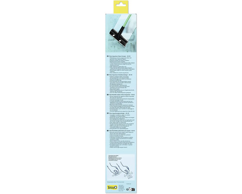Tetra aquariumglasreiniger GS 45 verpakking met productkenmerken, Tetra Logo, recyclingsymbolen en instructies voor het vervangen van de mesjes.