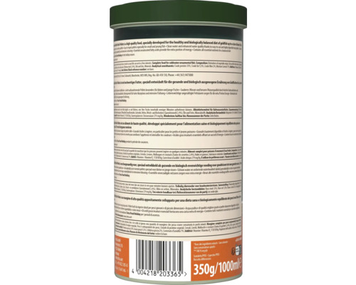 Achterkant Tetra Goldfish Mini Pellets met ingrediënten, analytische bestanddelen, voedingsinstructies, streepjescode en hoeveelheid.