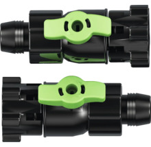 Zwart kunststof afsluitventiel voor druppelirrigatie met groene draaihendel en slangaansluiting.