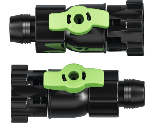 Zwart kunststof afsluitventiel voor druppelirrigatie met groene draaihendel en slangaansluiting.