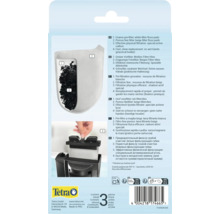 Tetra Logo op verpakking voor 3 vervangende cartridges. Toont de filteropbouw met actieve kool en de vervanging in het aquariumfilter.
