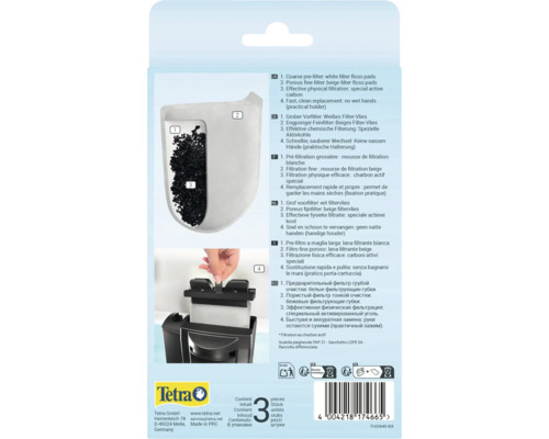 Tetra Logo op verpakking voor 3 vervangende cartridges. Toont de filteropbouw met actieve kool en de vervanging in het aquariumfilter.