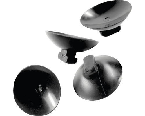 Zwarte kunststof zuignappen met gleufkop voor bevestiging op gladde oppervlakken.