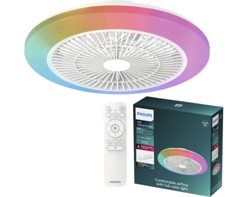 Philips plafondventilator met ledverlichting, afstandsbediening en productverpakking.