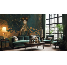 Woonkamer met bank, fauteuil, tafel en decoratie in Aziatische stijl voor een wandbehang