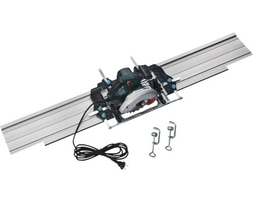 Cirkelzaag op een metalen geleiderail inclusief twee lijmklemmen en een zwart netsnoer.