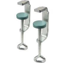 Twee metalen lijmklemmen met ronde drukplaten en ringgrepen.