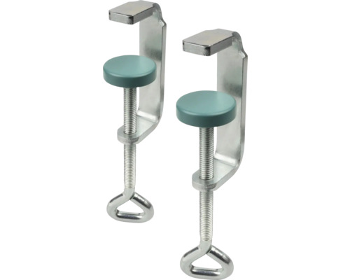 Twee metalen lijmklemmen met ronde drukplaten en ringgrepen.