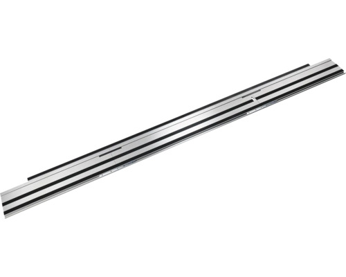 Zilveren geleiderail van aluminium met zwarte glijstrips voor nauwkeurige sneden.