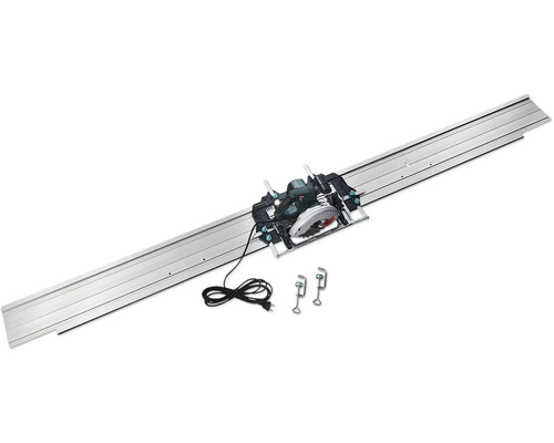 Handcirkelzaag op een metalen geleiderail met twee lijmklemmen en aansluitkabel.