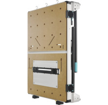 Ingeklapte spantafel en machinetafel met MDF-werkblad, gatenraster en geïntegreerde schaalverdeling.