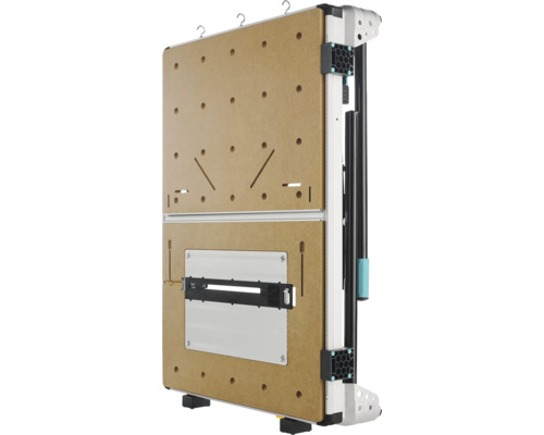 Ingeklapte spantafel en machinetafel met MDF-werkblad, gatenraster en geïntegreerde schaalverdeling.