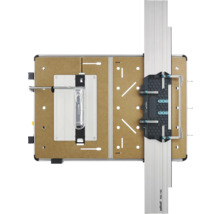 Wolfcraft Master Cut machinetafel met geleiderail FKS 145 en bruin werkblad, bovenaanzicht.