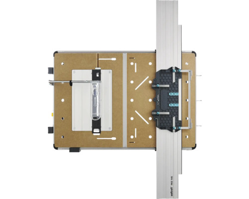 Wolfcraft Master Cut machinetafel met geleiderail FKS 145 en bruin werkblad, bovenaanzicht.
