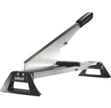 Wolfcraft laminaatsnijder van metaal met zwart handvat en steunvoeten.