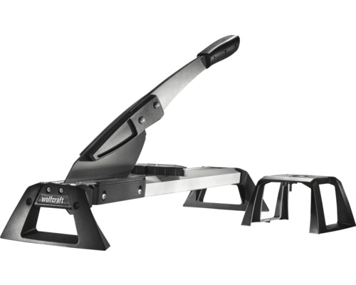 Wolfcraft laminaatsnijder en vinylsnijder met grote hendel en een extra materiaalsteun.