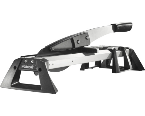 Wolfcraft laminaatsnijder van metaal en kunststof in zilver en zwart met handgreep en stevig onderstel.