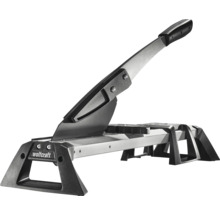 wolfcraft laminaatsnijder met hefboomgreep en stabiele basis.