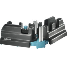 Wolfcraft zwaaihaak en verstekbak van kunststof met metalen geleidepennen voor het nauwkeurig zagen van hoeken.