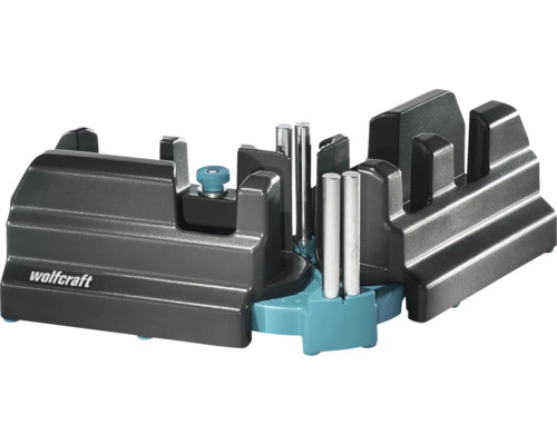Wolfcraft zwaaihaak en verstekbak van kunststof met metalen geleidepennen voor het nauwkeurig zagen van hoeken.