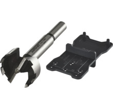 Wolfcraft Forstnerboor met een diameter van 35 millimeter en een zwarte markeersjabloon voor potscharnieren.